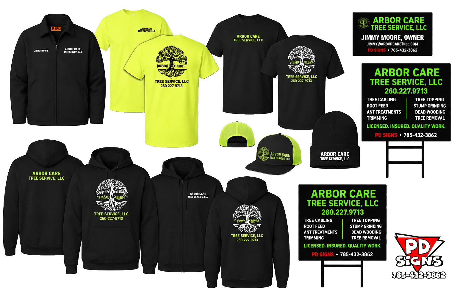 Arbor Care Tree Service branded gear — shirts, hoodies, hats and jackets